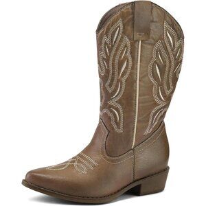mysoft Women's Light Brown Western Cowboy Boots Mid Calf Pointed Toe Cowgirl